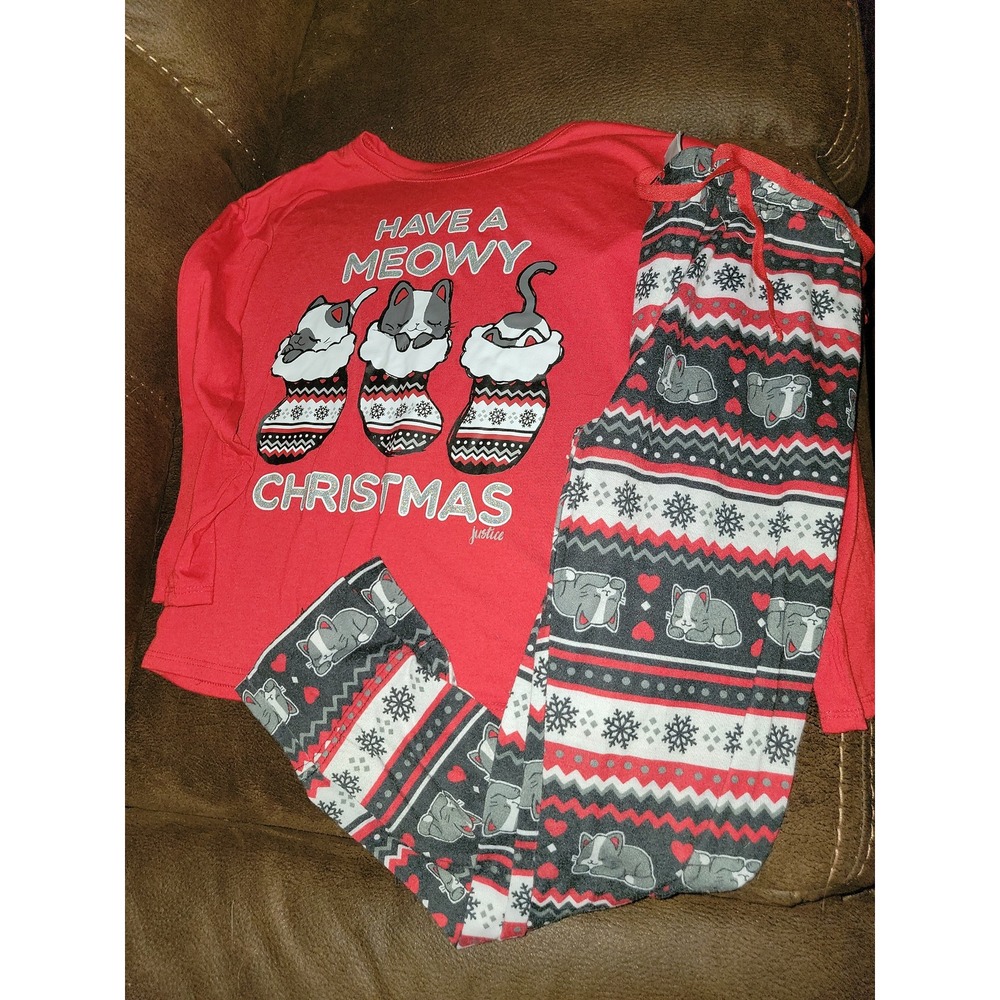 Justice Christmas pajamas holiday meowy Christmas cat size 10